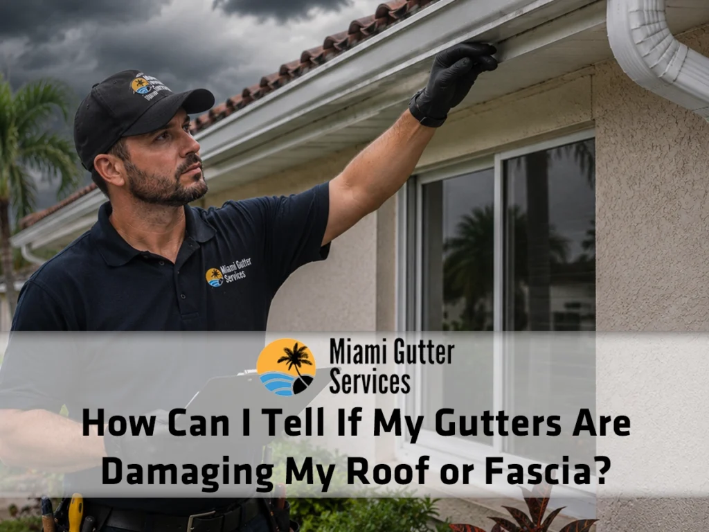 Technician inspecting sagging gutters, fascia, roof edge, fasteners, and downspouts for signs of water damage on a Miami home.