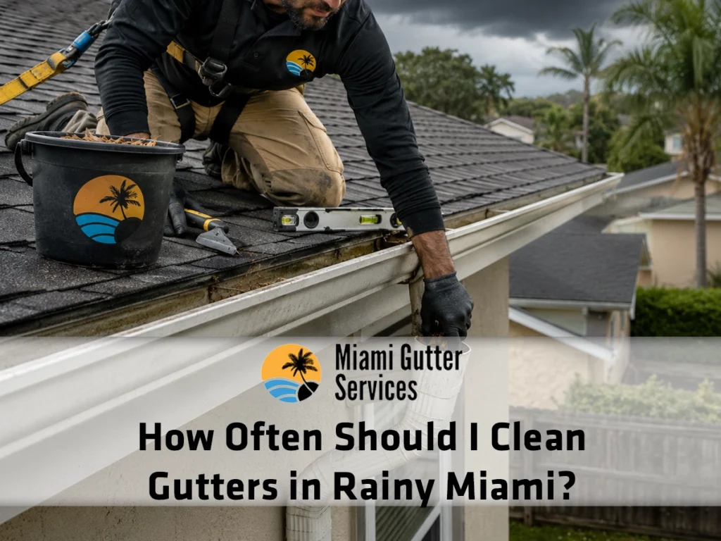 Professional cleaning clogged rain gutters before Miami’s rainy season