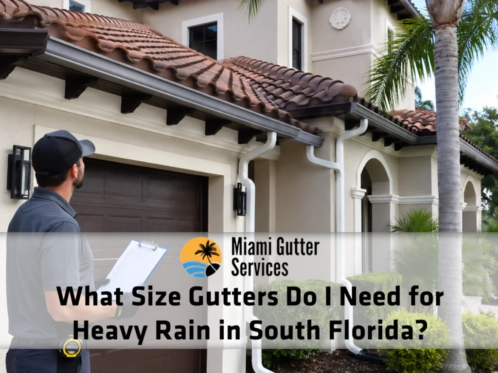 Technician measuring roof areas, gutter runs, valleys, outlets, and downspouts to determine the right gutter size for heavy South Florida rain.