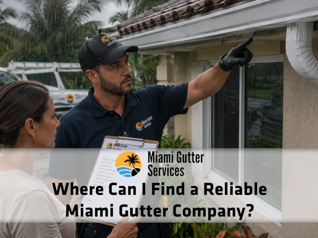 Reliable Miami gutter company inspecting roof slope, fascia, gutters, and downspouts before providing a written estimate