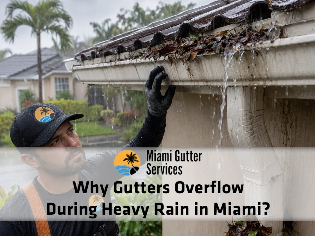 Gutters overflowing during heavy rain in Miami because leaves block the downspout outlet