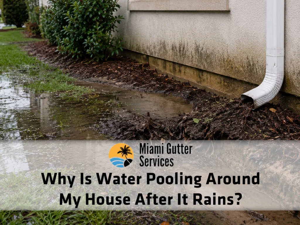 Rainwater pooling near a Miami home due to overflowing gutters, a blocked downspout, poor drainage, and soil erosion.